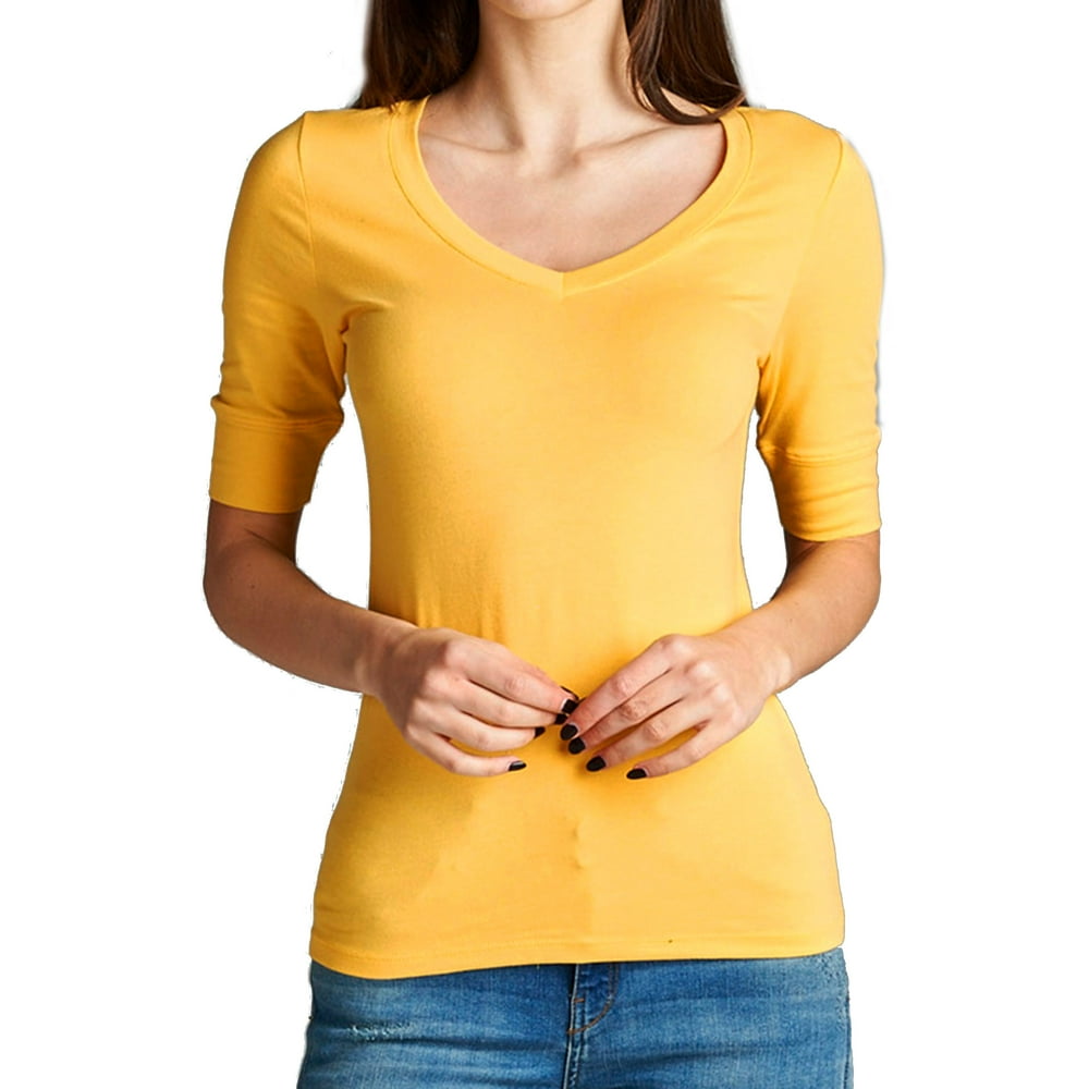 Snj Womens Basic Elbow Sleeve V Neck Cotton T Shirt Plain Top Plus