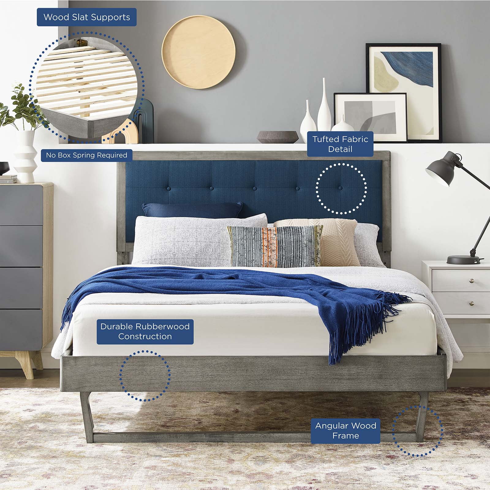 Platform Bed Frame, King Size, Wood, Grey Gray Navy Blue, Modern Contemporary Urban Design, Bedroom Master Guest Suite