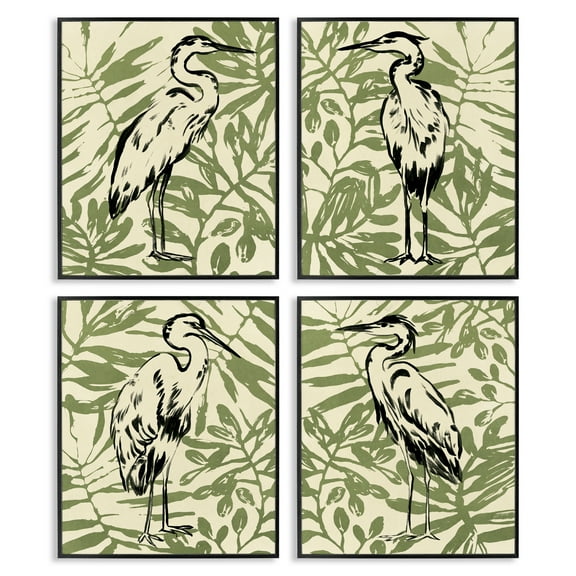 Stupell Industries Tropical Herons with Leaves Plants & Flowers Painting Black Framed Art Print Wall Art, 11 x 14, Set of 4