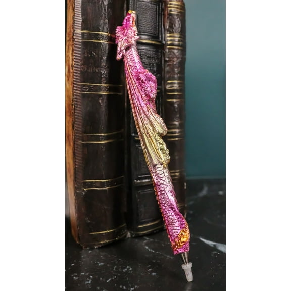 Pack Of 6 Fire Ink Glittered Metallic Pink And Gold Spirit Dragon Pen Figurines