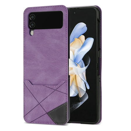 Dteck Wallet Case for Samsung Galaxy Z Flip 3 5G,Slim Leather Card Slots Cash Pocket Case Shockproof Hard PC Back Cover,Purple