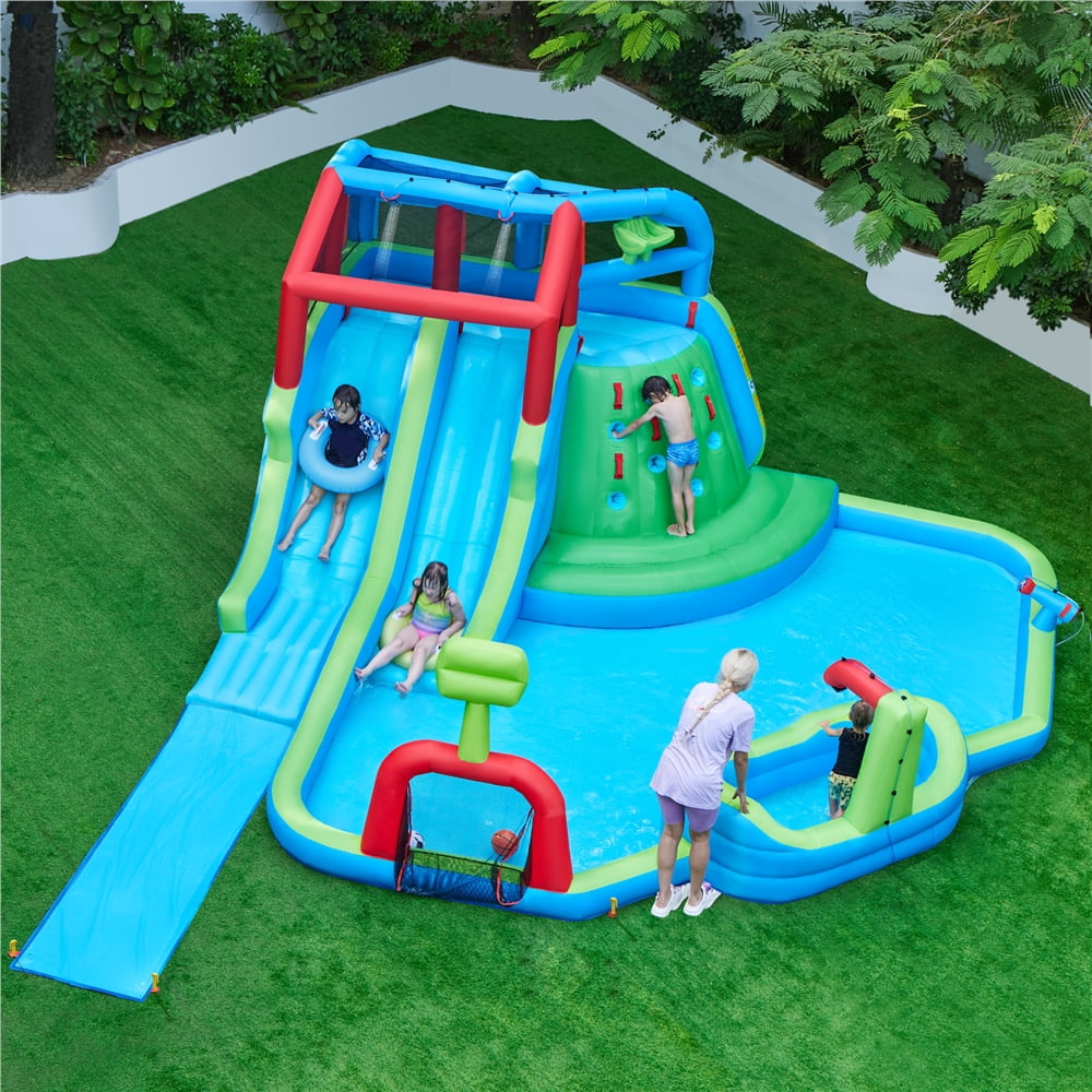 Yaheetech Double Lane Inflatable Water Slide for Kids Aged 3 To 10, Blue/Green