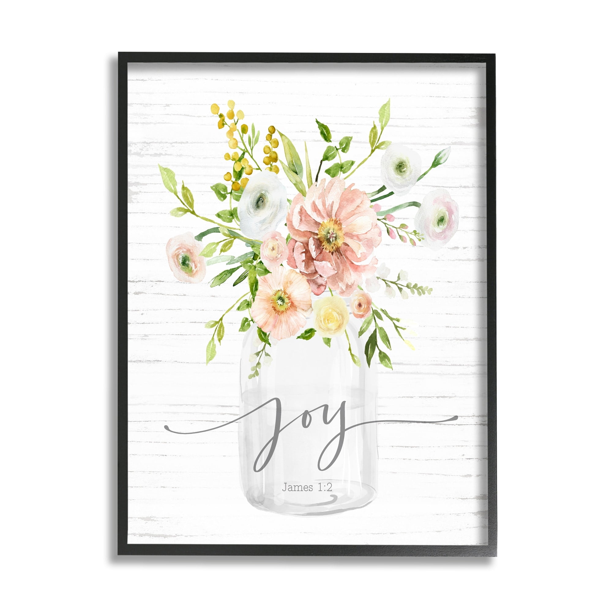 Stupell Industries Country Bouquet Floral Arrangement Religious Joy Script Graphic Art White Framed Art Print Wall Art, Design by Lettered and Lined
