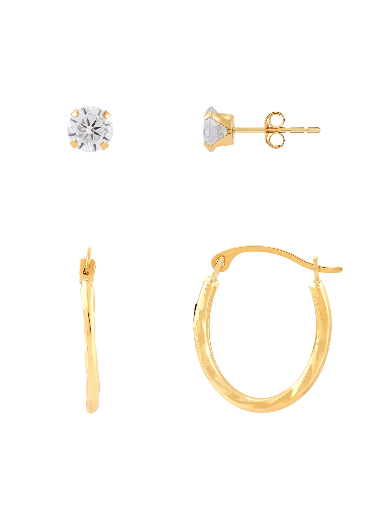 Brilliance Fine Jewelry Cubic Zirconia Studs and Oval Hollow Hoops Set in 10K Yellow Gold
