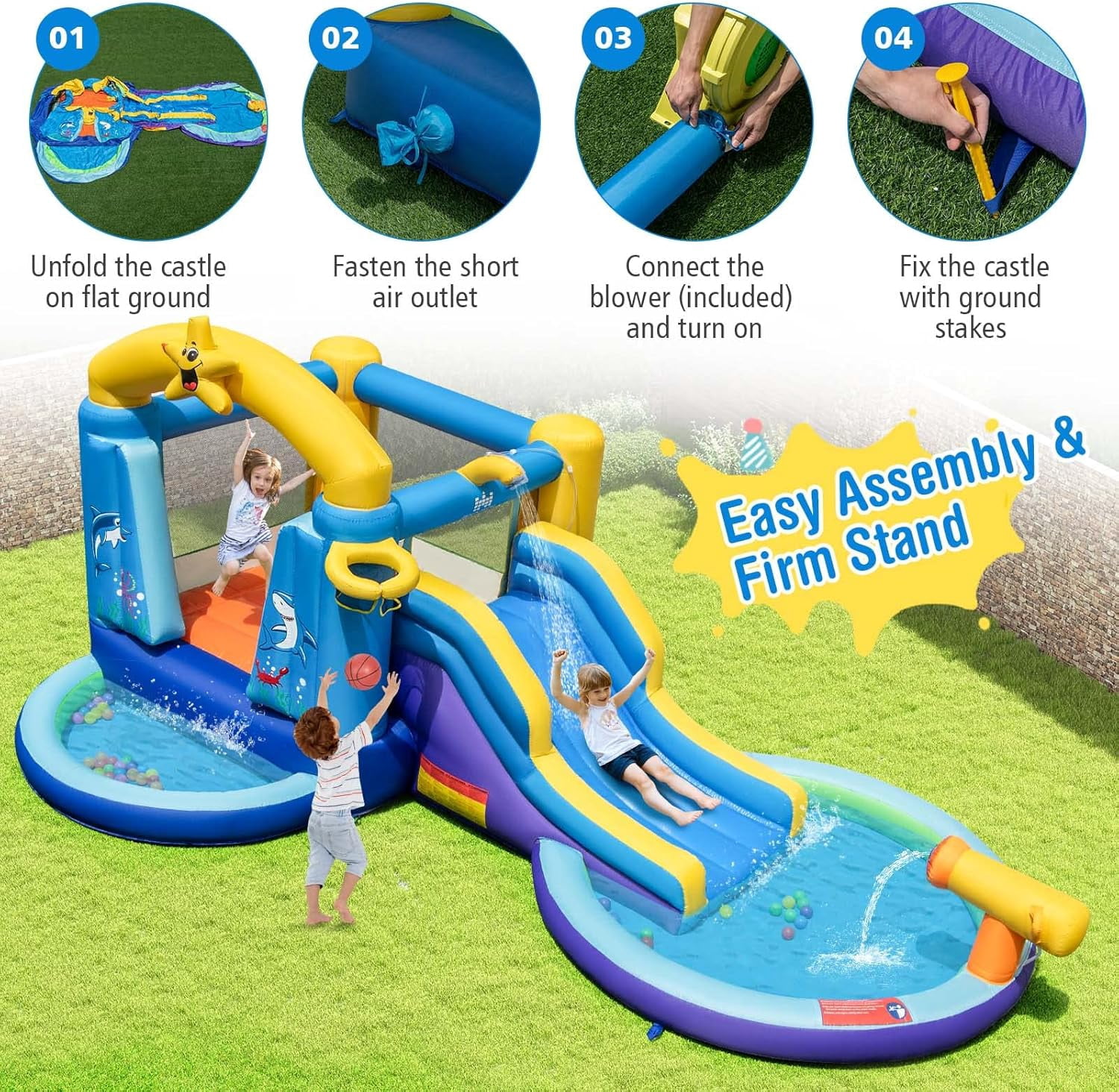 OLAKIDS Inflatable Water Slide, 6 in 1 Ocean Theme Bounce House Water Park with Slide Splash Pool Ball Pit Water Blaster 735W Blower 50PCS Ocean Balls, Outdoor Inflatable Obstacle Course Backyard