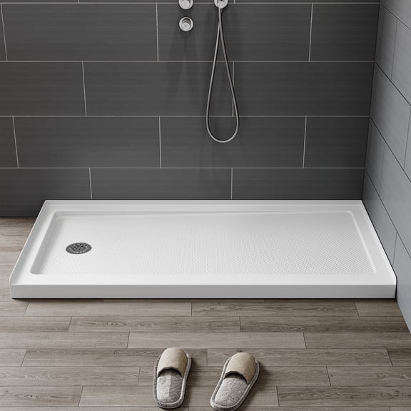 HOROW Shower Base 60"L x 30"W, White Single Threshold Shower Pan for Bathroom, Non-Slip Texture, Rectangle Acrylic with Stainless Steel Chrome Drain, Left Drain Location