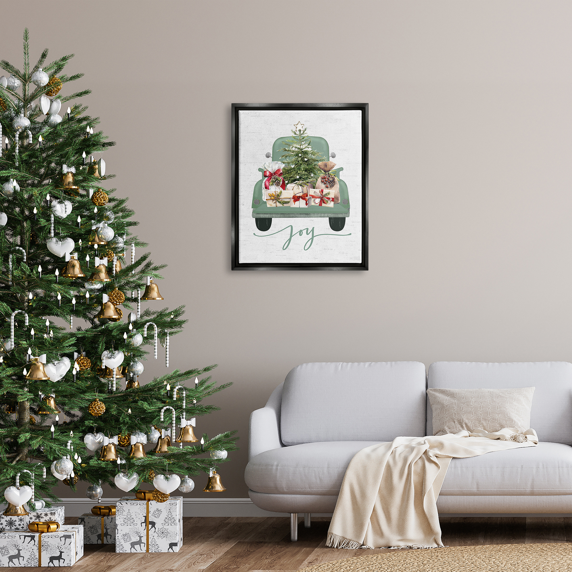 Stupell Industries Rustic Gift Truck with Joy Holiday Painting Black Floater Framed Canvas Art Print Wall Art, 25 x 31
