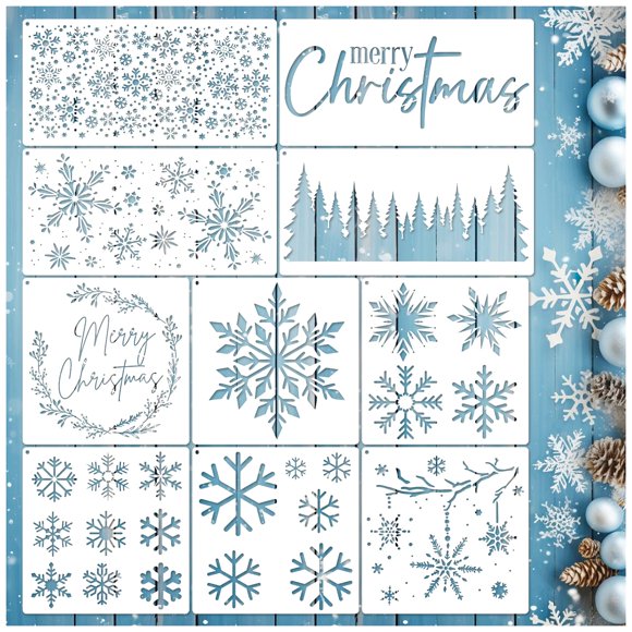 Plantillas navideñas de pino y copos de nieve para manualidades en madera, puertas, ventanas y lienzos, plantillas reutilizables de pintura de feliz Navidad (10 copos de nieve)
