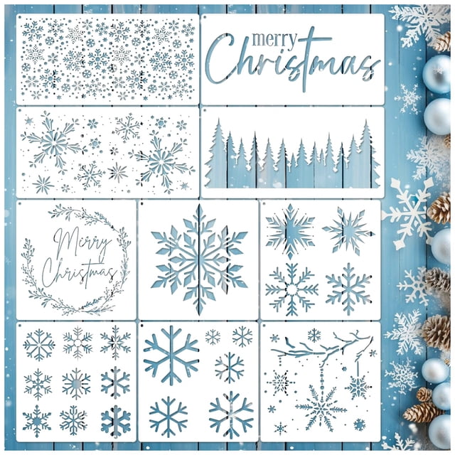 Plantillas navideñas de pino y copos de nieve para manualidades en madera, puertas, ventanas y lienzos, plantillas reutilizables de pintura de feliz Navidad (10 copos de nieve)