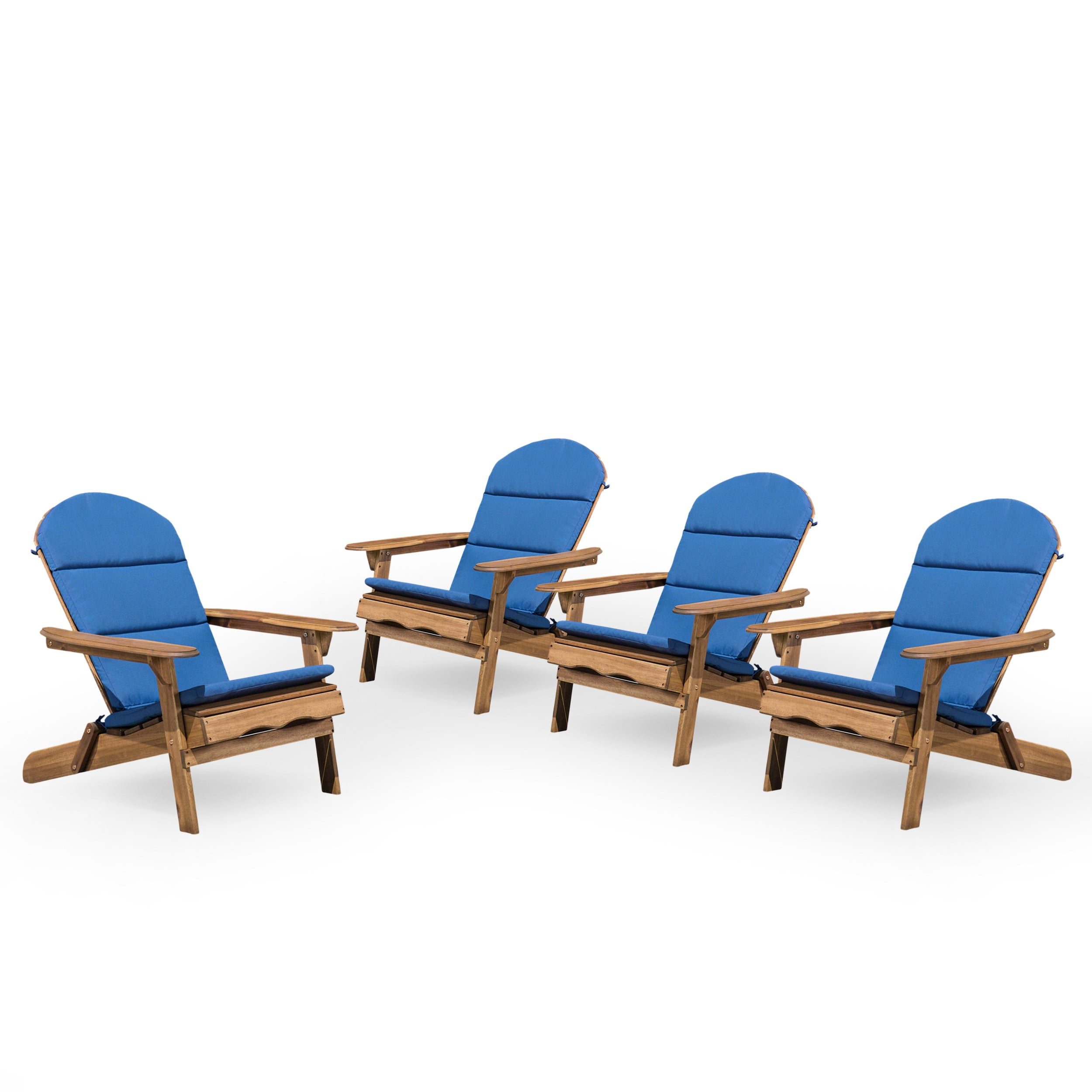 Ariel Outdoor Acacia Wood Folding Adirondack Chairs with Cushions (Set of 4), Natural and Navy Blue