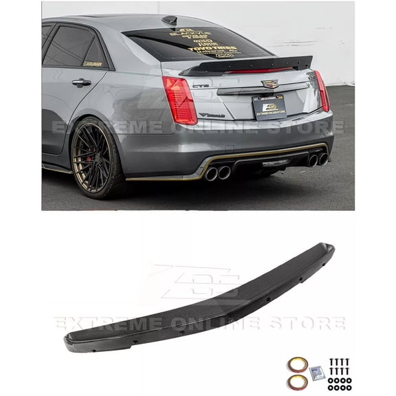 Replacement For 2016-2019 Cadillac CTS-V Models | Carbon Package Style FULL Carbon Fiber Rear Bumper Trunk Lid Wing With Gurney Flap Wickerbill Spoiler