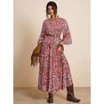 thumbnail image 5 of Coral Orange Paisley Print V-Neck Long Sleeve Maxi Dress With Belted Waist And Relaxed Fit For Women, 5 of 7