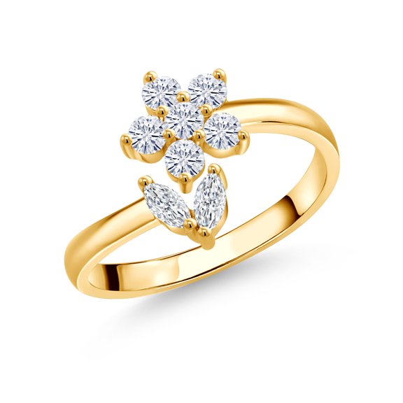 Gem Stone King 18K Yellow Gold Plated Silver White Moissanite Flower Open Ring for Women (0.53 Cttw, Gemstone Birthstone, Size 8)