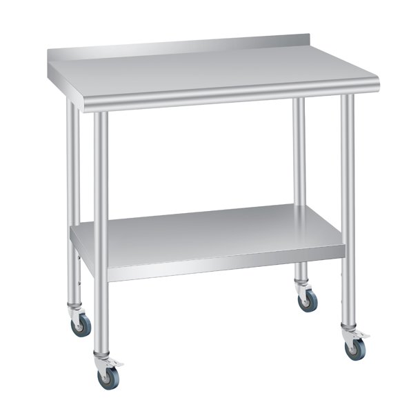 Stainless Steel Table with Wheels, 36 x 24 inches Heavy Duty Commercial Work & Prep Table with Adjustable Undershelf, Backsplash for Restaurant Kitchen Bar and Hotel Garage