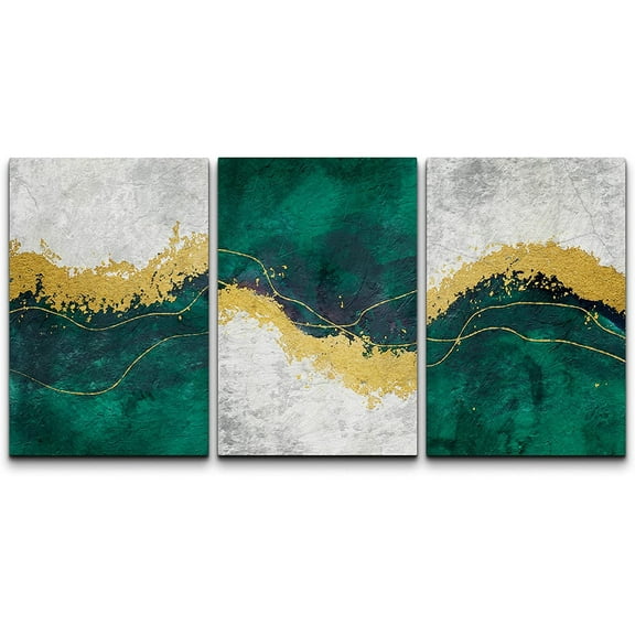wall26 Canvas Print Wall Art Set Geometric Gold Green Paint Strokes Abstract Shapes Illustrations Modern Art Decorative Multicolor Chic for Living Room, Bedroom, Office - 24"x36"x3 Panels