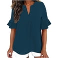 thumbnail image 2 of ClodeEU Women's Faux Linen V Neck Ruffle 3/4 Sleeve Blouse,Casual Loose Fit Solid Color Top Navy,Women's Plus S, 2 of 8