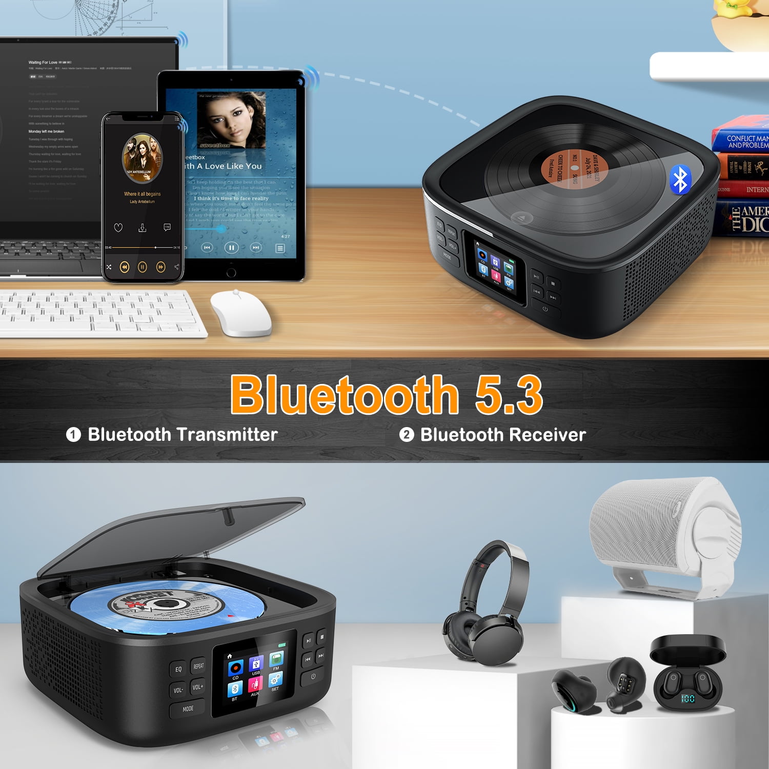 Portable CD Player Bluetooth, Desktop CD Player with Bluetooth Music Boombox Portable CD Players for Home FM Radio & Bluetooth Speaker LED Screen Built-in Dual Speakers