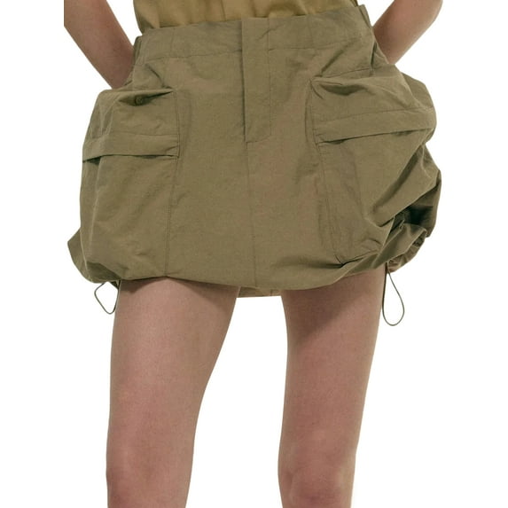 hirigin Women's Casual Mini Skirts High Waist Drawstring Hem Solid Color Cargo Skirts with Pockets