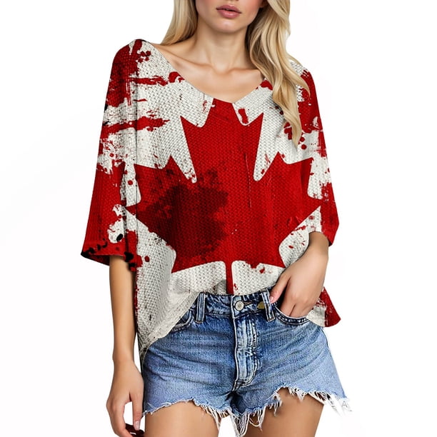 Tops de tallas grandes para el Día de Canadá: cuello redondo, diseño texturizado, estilo informal de verano, combinación con vaqueros, lavables a máquina.