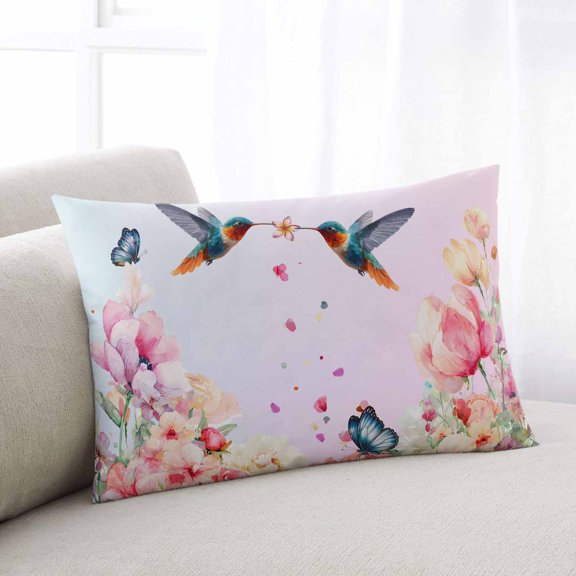 Pink Flower Throw Pillow Covers, Spring Floral Elegant Butterflies Birds Farmhouse Soft Breathable Pillow Cases with Invisible Zipper, Queen Size Pillowcases for Couch Bed Sofa Chair 20x30 Inches