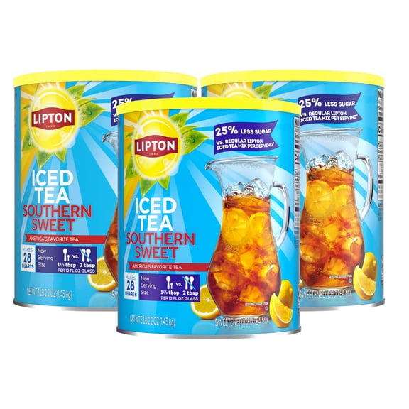 Lipton Reduced Sugar Southern Sweet Iced Tea Mix, Makes 28 Quarts Each, 25% Less Sugar, Pack of 3 (Total 84 Quarts)
