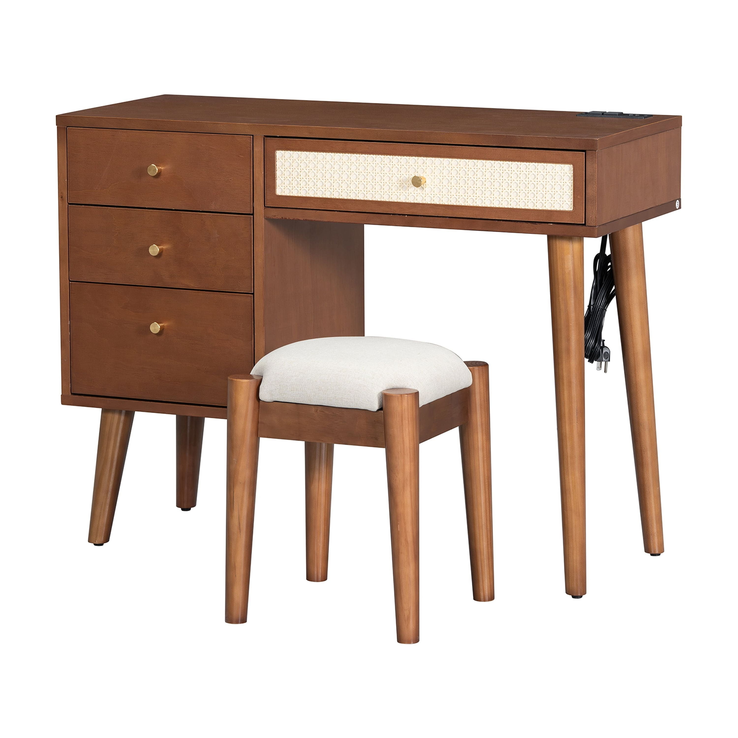 Harper & Bright Designs 39" Wood Vanity Desk with Rattan Drawers , Makeup Vanity Table Set with Stool , Dressing Table with Charging Plug and USB Port for Bedroom , Wood (Mirror not included)