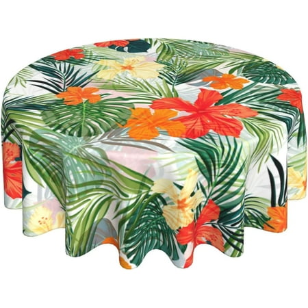 

Hawaiian Palm Tree Round Tablecloth Reusable Wipeable Waterproof Tropical Plants Hibiscus Flowers Diameter 60 Overlays Round Table Cloth for Family Dinners Patio Indoor Outside Events