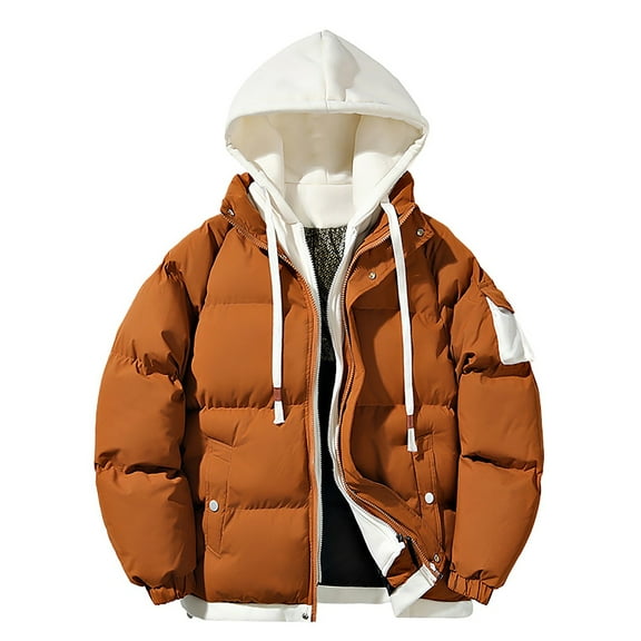 ZCFZJW Men's Winter Puffer Jacket Lightweight Long Sleeve Quilted Thickened Down Coat Insulated and Water Repellent Jacket with Hood Brown XL