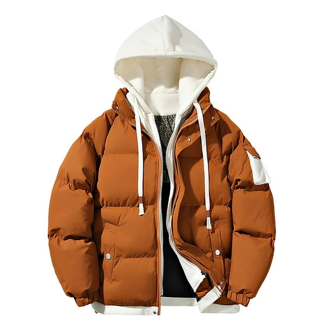 WRKEKC Men's Slim Fit Hooded Jacket with Drawstring Hem and Contrast Stitching, Urban Utility Coat for Modern Workwear Brown L