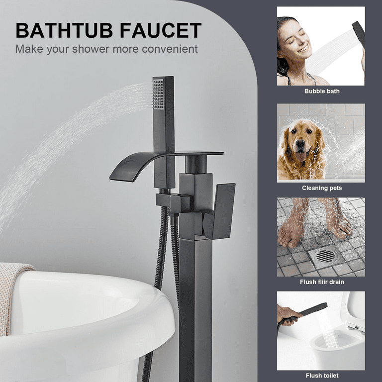 RUMOSE Freestanding Tub Faucet In Matte Black - Waterfall Spout With Handheld Shower Sprayer
