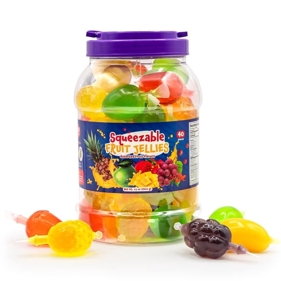 FUNTASTY Fruit Jelly Candy Assorted Flavors, Squeezable Vegan-Friendly, 40 Count Jar