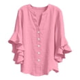 thumbnail image 5 of LIIPEE Solid Color Blouse For Girls Short Sleeve Collarless Ruffle Button Up Shirts Kids Lightweight Breathable Cute Summer Tops,5-6 Years, 5 of 5
