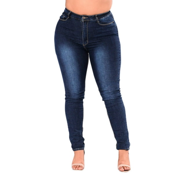 Long Pants For Women Women Plus Size Stretch Slim Denim Skinny Jeans Pants  High Waist Pencil Trousers Dark Blue 3XL JE 