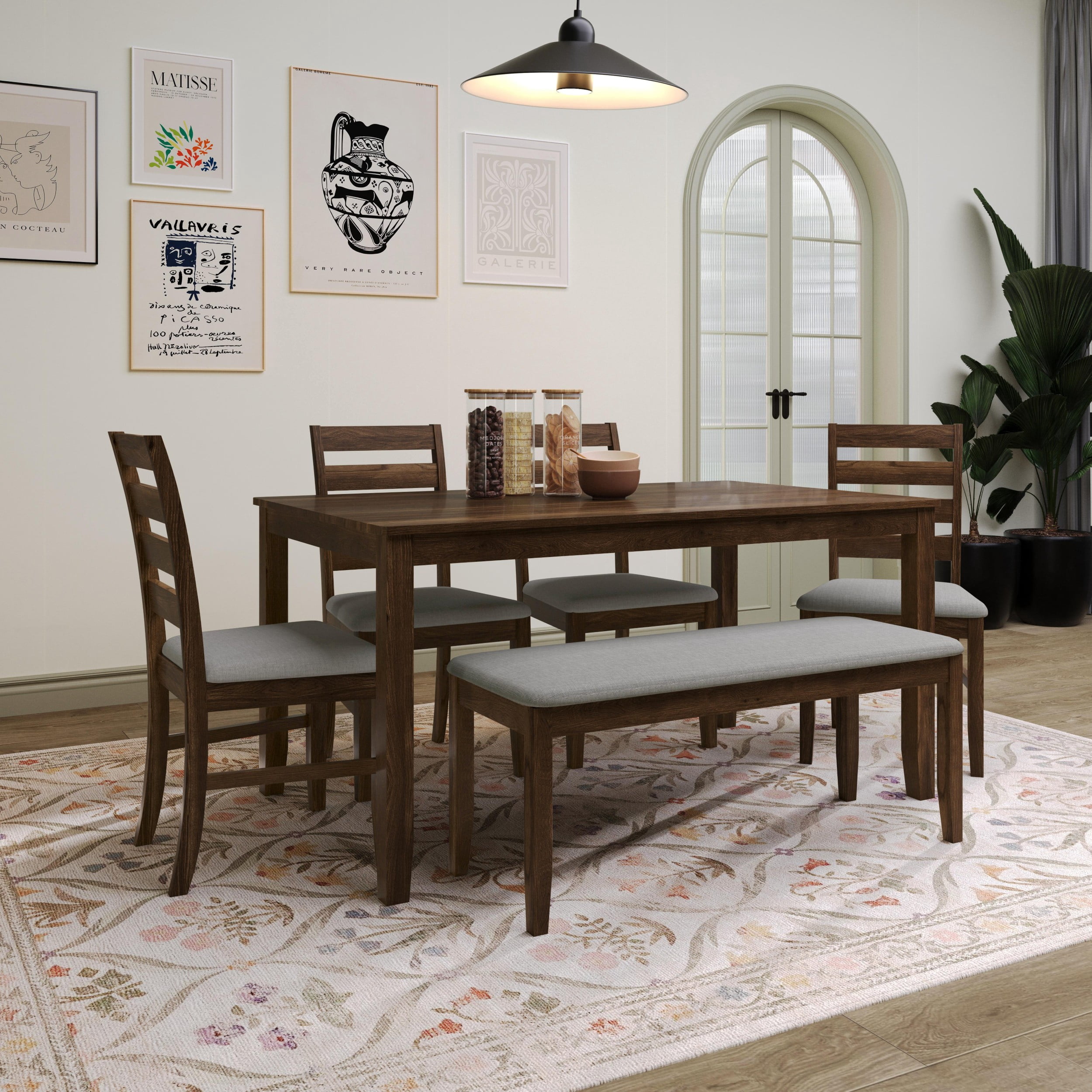 Home Design Ouray 6-Piece Dining Set, Brown - Wood Grain Embossed, Rectangular Table with Split Top, Ladder Back Chairs, Upholstered Bench