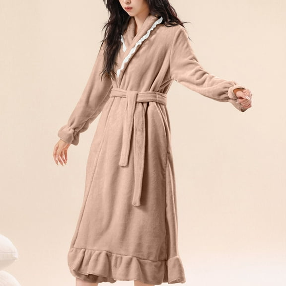 Ahabrexf Long Robes for Women,Fashion Lapel Long Sleeve Warm Bathrobe with Pocket for Home Wear
