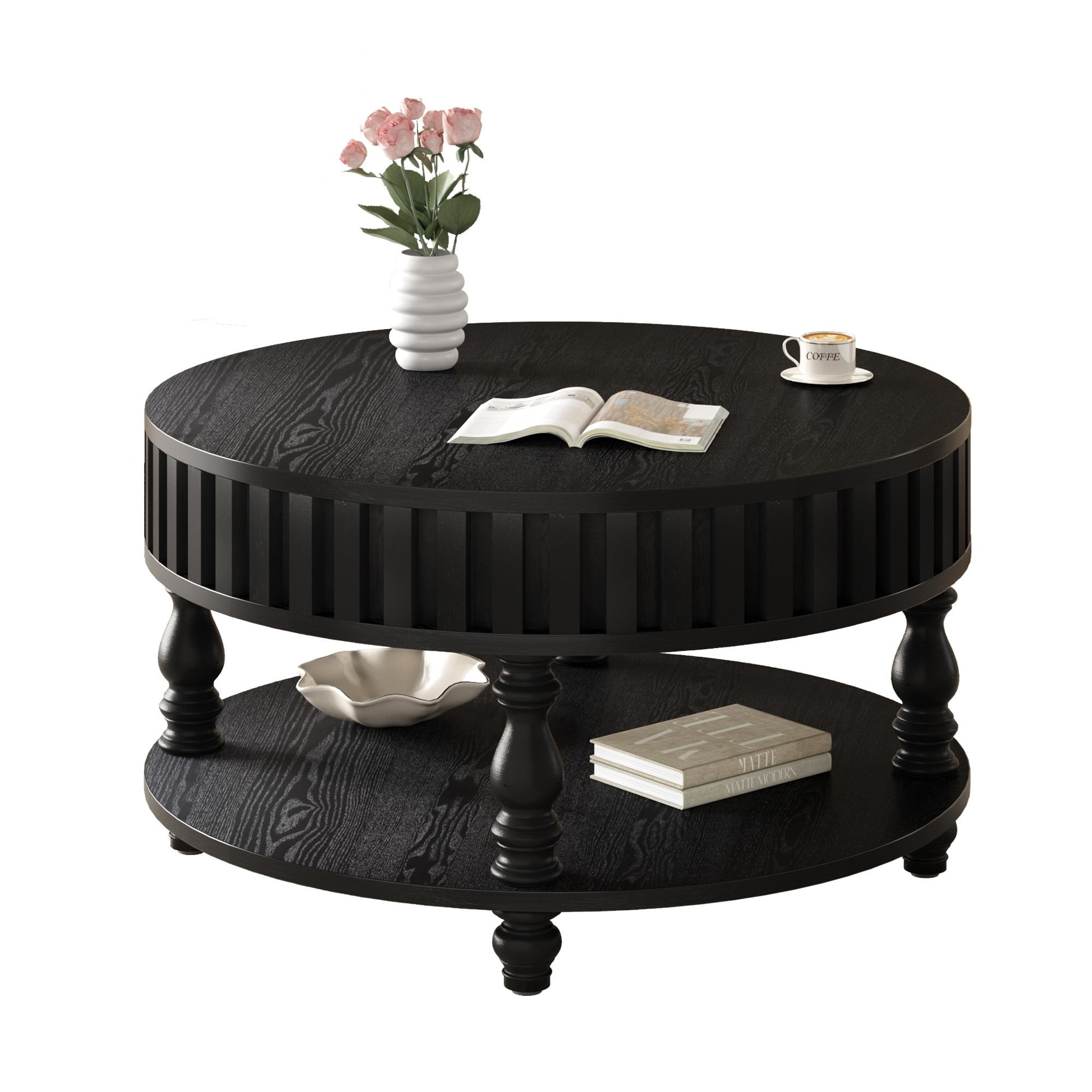 Fluted Coffee Table with Storage, 31.5" Round Coffee Table with Flip Top Lid and Shelf, Mid Century Modern Center Table for Living Room, Black