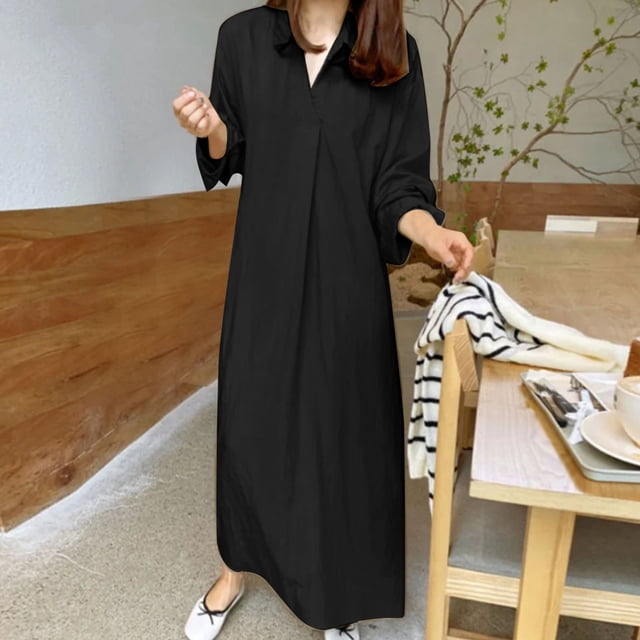 Gspmoly Robes d'Été, Robe Décontractée pour Femmes de Printemps et d'Été à Col en V en Coton et Lin Uni avec Poches à Manches Longues, Robes de Soirée pour Femmes en Liquidation