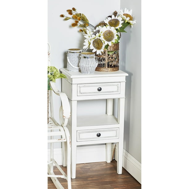 DecMode Traditional Carved Wood White Side Table, 16"W x 29"H