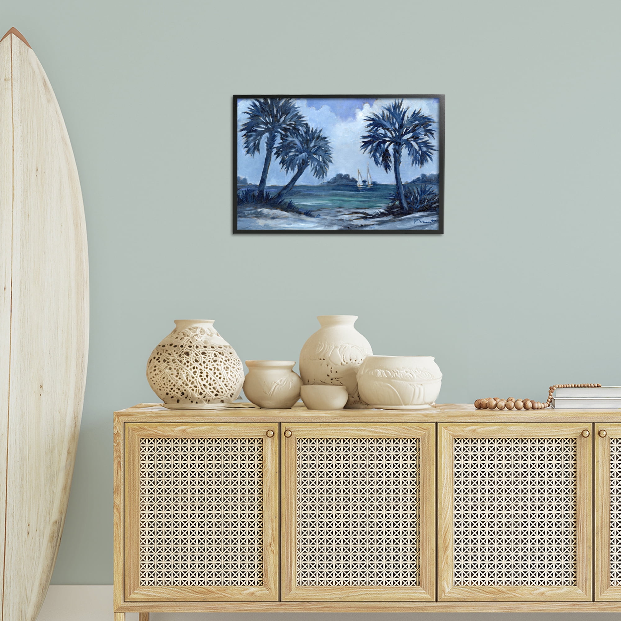 Stupell Industries Indigo Palms Impressions Landscape Painting Black Framed Art Print Wall Art, 24 x 16