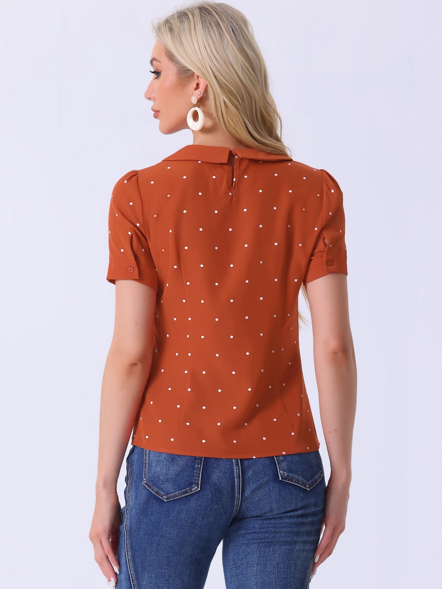 DARING DIVA Women's Peter Pan Collar Polka Dots Short Sleeve Tops L Orange