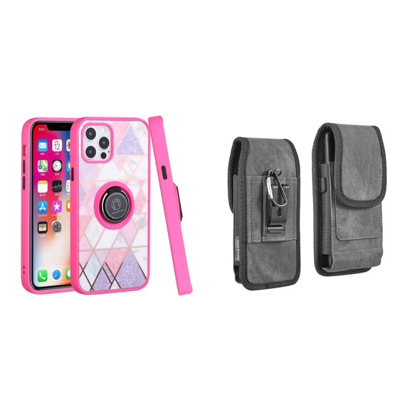 Bemz Ring Series Case for iPhone 14 Plus (TPU Silicone Cover with Magnetic Stand) and Vertical Rugged Denim Nylon Belt Holster Pouch - Pink on Purple Marble