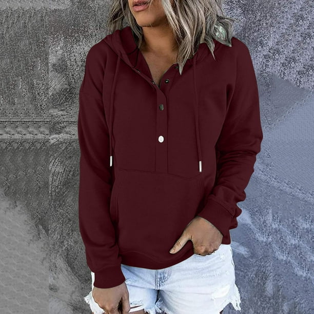 Pntutb Sudaderas con capucha casuales para mujer Otoño Sólido Sudadera de manga larga Botón abajo Cordón Jersey blusa superior con bolsillo Pntutb Pntutb-888