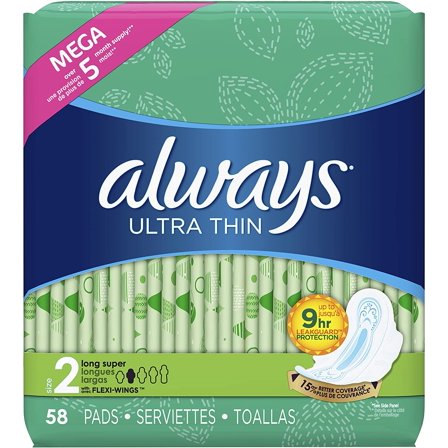 Always Ultra Thin, Size 2, Super Pads With Wings, Unscented, 58 Count (Pack of 2)