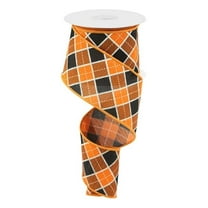 Diagonal Plaid Halloween Canvas Wired Edge Ribbon : Orange, Black, White - 2.5" x 10 Yards (30 Feet)