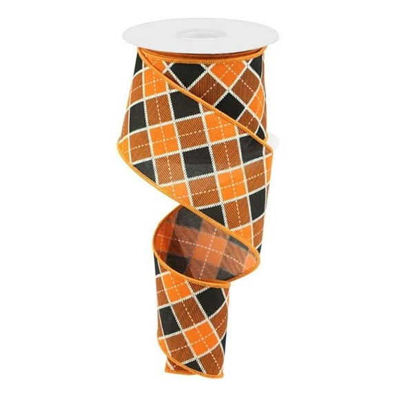 Diagonal Plaid Halloween Canvas Wired Edge Ribbon : Orange, Black, White - 2.5" x 10 Yards (30 Feet)