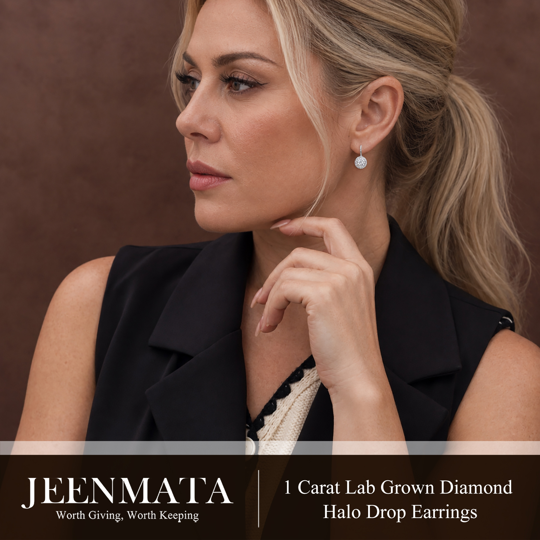 JeenMata 1 Carat Lab Grown Diamond Halo Drop Earrings photo 6