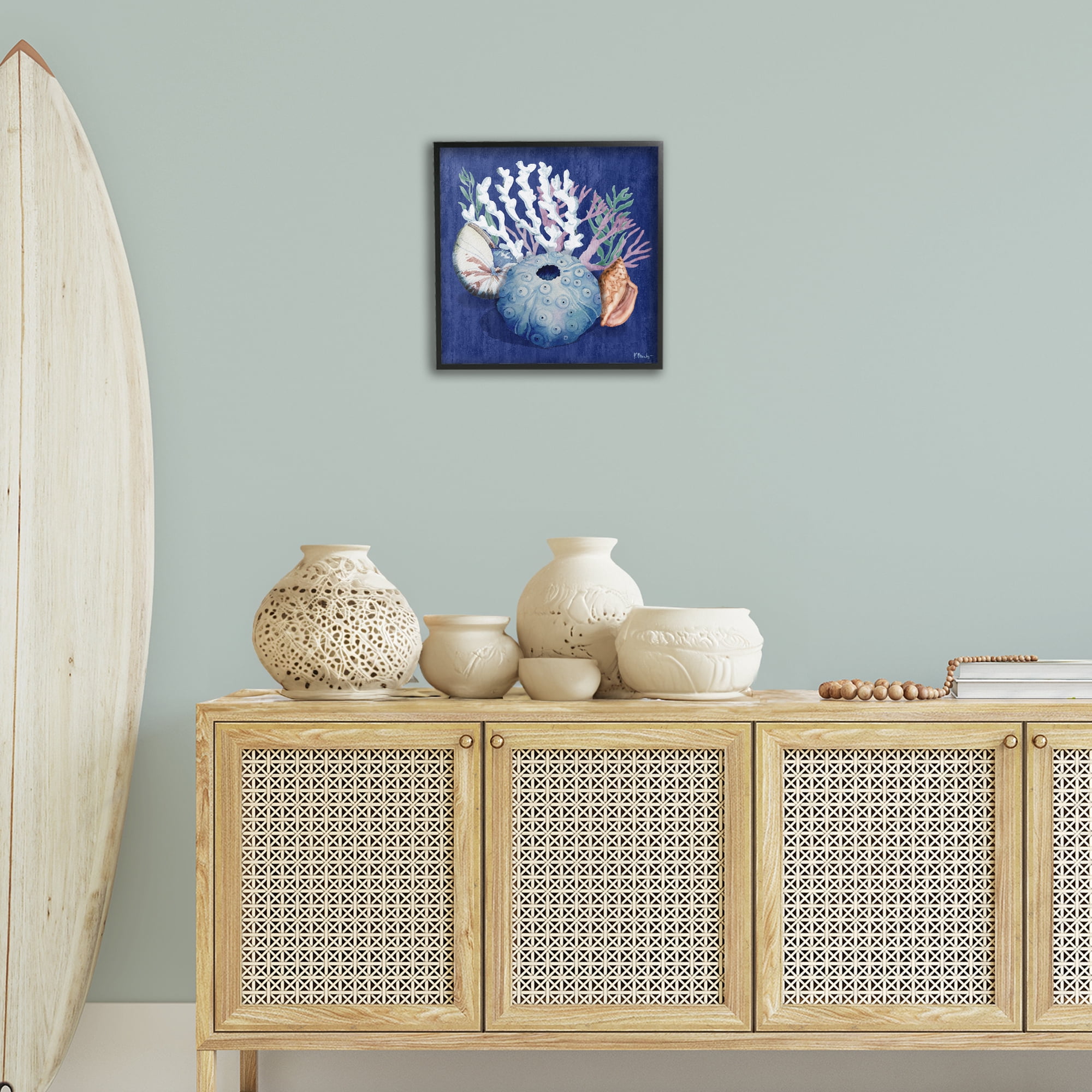 Stupell Industries Sea Urchin & Coral Coastal Painting Black Framed Art Print Wall Art, 17 x 17