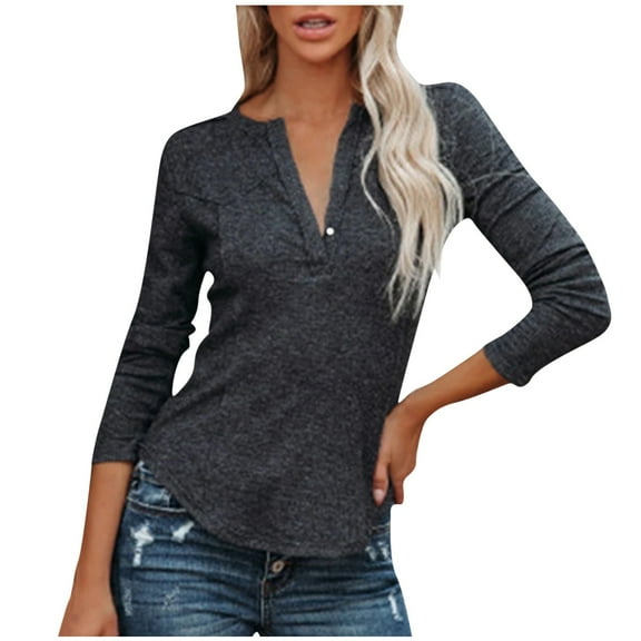 QLEICOM Women's V-Neck Solid Recreational Pullover Long Sleeve Blouses Shirts Tops Dark Gray S, US Size 4