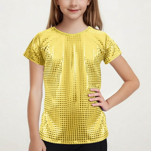 Children's Performance Outfit Sequin Short Sleeved T-shirt Round Neck Elastic
