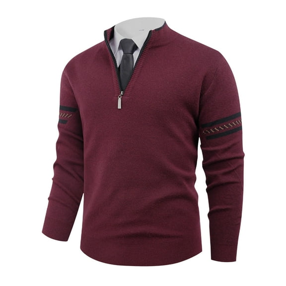 Men's Knitted Sweater Quarter Zip Stand Collar Long Sleeve Cable Knit Pullover Casual Sports Fit Knit Sweatshirts (XL, Wine)